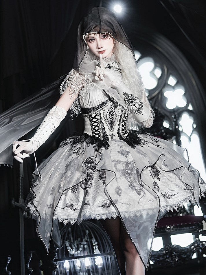 Black & White Bone Dragon Embroidery Halter Neck Gothic Lolita Dress Set - Ying Luo Fu