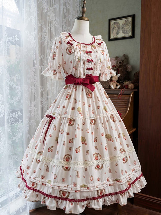 Erdbeerdruck Pink House Beige Lolita-Kleid mit kurzen Ärmeln