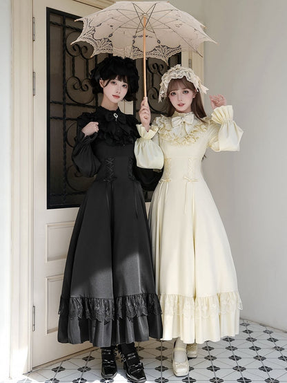 Neckline Lace-up Ruffle with Lolita Dress Shawl Detachable Waist Black Elegant