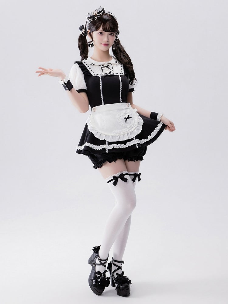 Jirai-kei Maid 4-Piece Set: Dress, Wrist Cuffs, Bloomers, Apron - Fluffy Heart