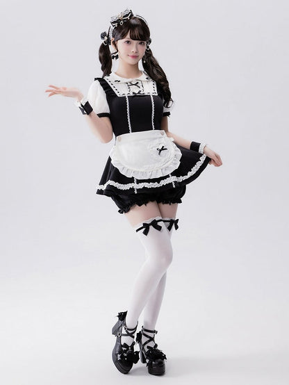 Jirai-kei Maid 4-Piece Set: Dress, Wrist Cuffs, Bloomers, Apron - Fluffy Heart