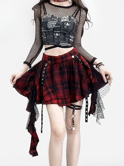 Rock Glamouröses Y2K Muster Rüschen Kaskadierung SchwarzRot Besatz Kariert