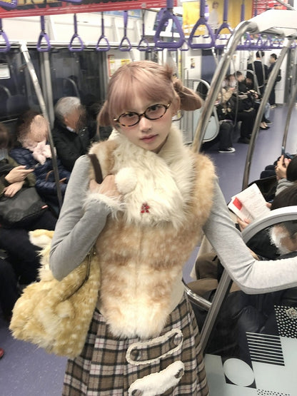 Rhinestone Accent Reversible with Faux White Double Fur Metal Red Cross Scarf