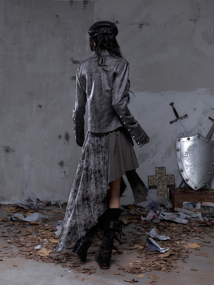 Gray-Brown Vintage with Jacket Cross Dark Punk Street Print Placket Asymmetrical Button
