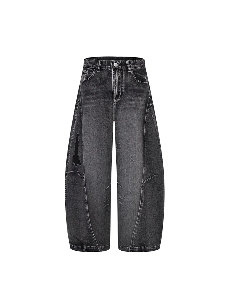 ヴィンテージウエスト、ダメージ加工、穴あきブラック、ローカット、ワイドレッグジーンズ