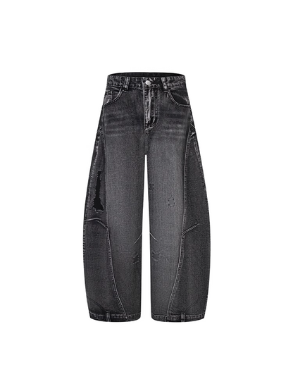 ヴィンテージウエスト、ダメージ加工、穴あきブラック、ローカット、ワイドレッグジーンズ