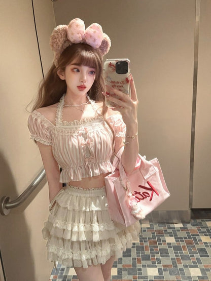 Rosa gestreifte Puffspitze mit Schleifenakzenten und Neckholder-Ärmeln