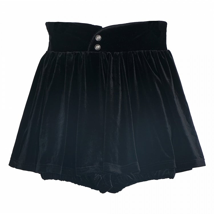 ブラックベルベットの太もも丈ジップ開閉スコート