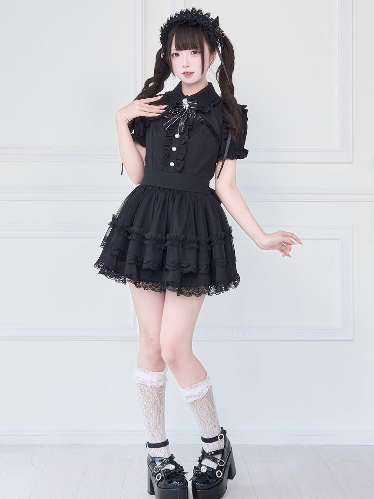 Jirai Lace Black Tiered Dress Gothic Detachable Bell with Sleeves Kei