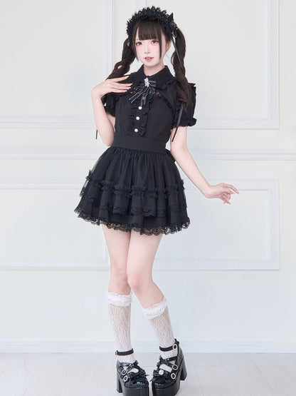 Jirai Lace Black Tiered Dress Gothic Detachable Bell with Sleeves Kei