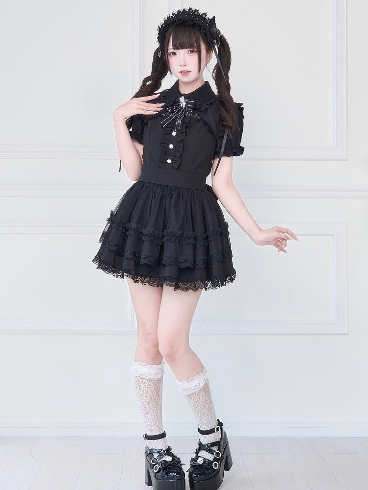 Gothic Black Dress with Bell Sleeves and Tiered Lace - No Genki
