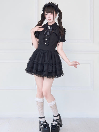Gothic Black Dress with Bell Sleeves and Tiered Lace - No Genki