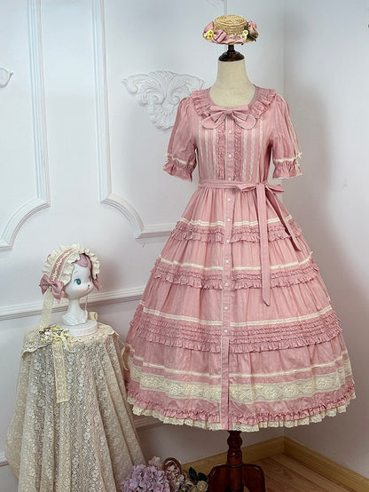 Pink Layered Ruffles Elegant Dress with Front Buttons - Miss Point