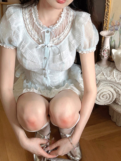 Chiffon Puff Sleeve Blue Polka-dot Top