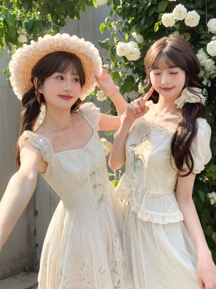 Beige Square Ruffled Blouse Trim Neckline Puff Sleeves Lily Embroidery Lace