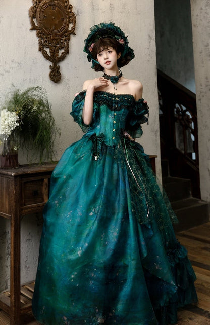 Grüner Waldfee-Lolita-Rock mit asymmetrischem Ölgemälde-Design und floraler Haarspange