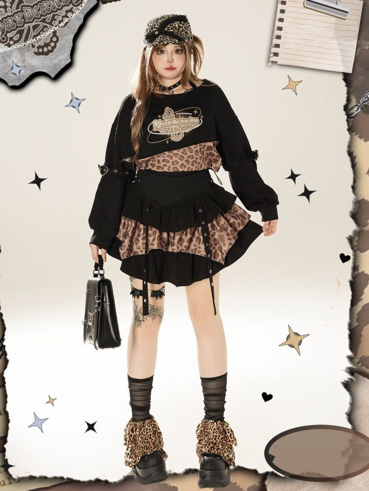 プラスサイズ レオパード柄 ブラック＆ブラウン クロップド スウェットシャツ＆ホルターネック トップ