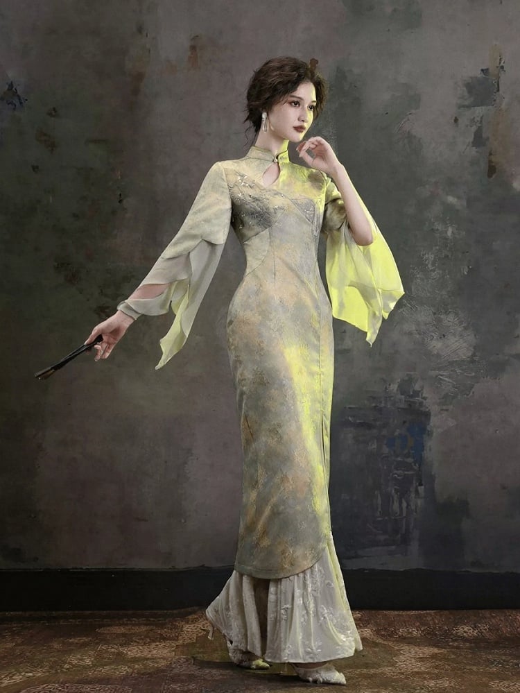 Green Chinese-Style Qipao Dress with Bow Embroidery, Cutout Design & Ruffle Accents - sijinstudio