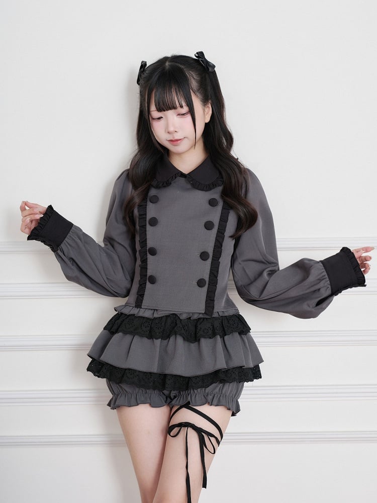 Black & Gray Jirai-Kei Peter Pan Collar Long-Sleeve Top, Double-Breasted & Ruffled - No Genki