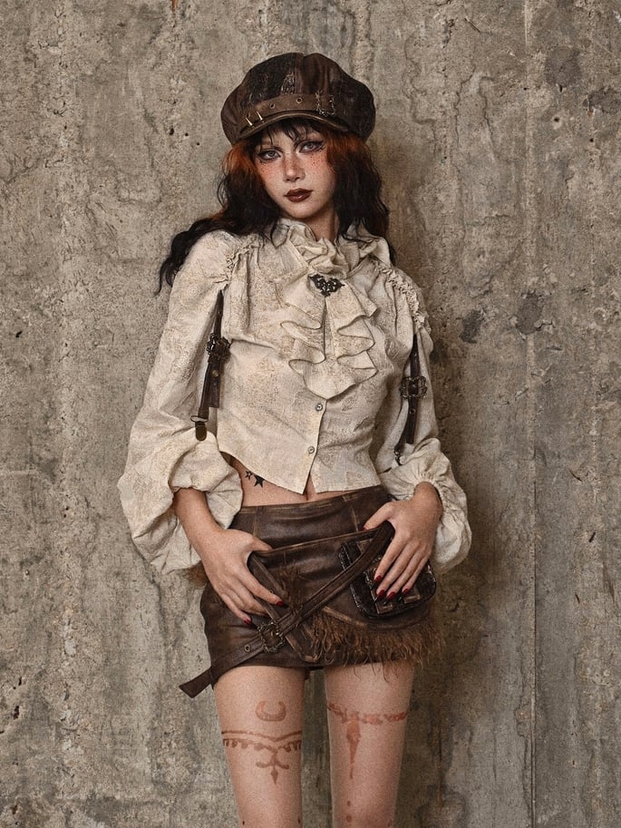 フリルネックライン アプリコット スチームパンク バルーンスリーブ シャツ