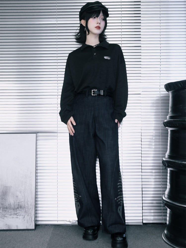 Black Straight-Leg Denim with Embossed Skeleton Whale Graphic - Quirky Hut