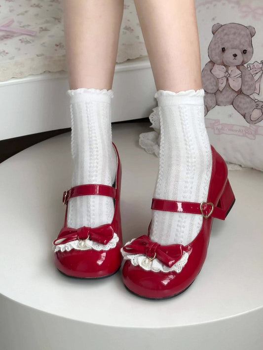 with at Top Heel Bow Mary Janes Heart-shaped Sweet 4.5cm Lolita Red Height Snap
