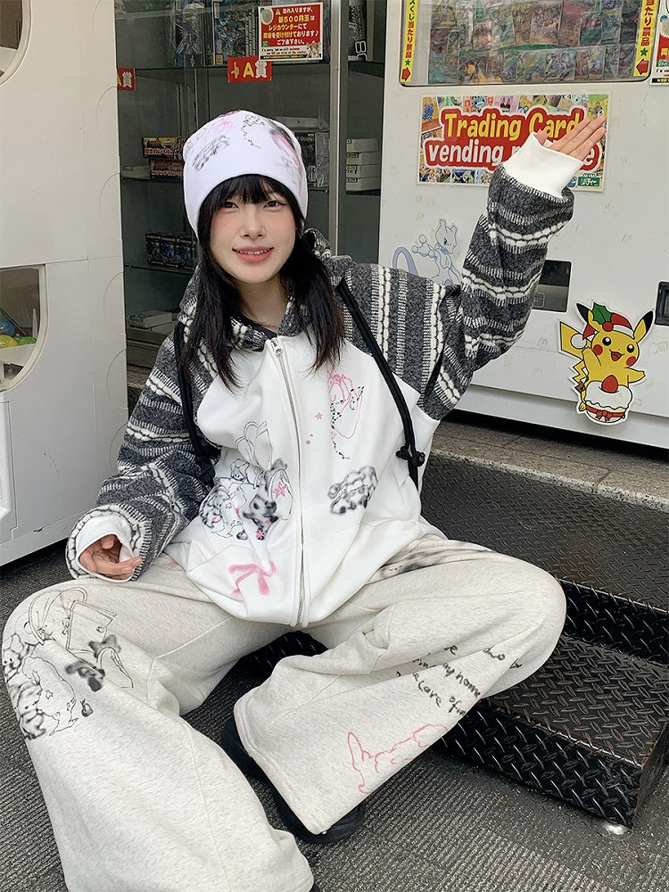 with Sweatpants Gray Print Cartoon Animal All-Over