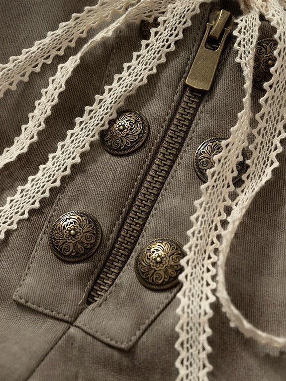 Khaki Faux Leather Shorts with Lace Trimmed Hems - NO ROMANCE