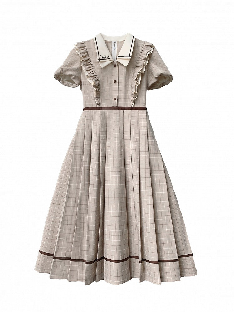 Plaid Elegant Puff Tie Coffee Light Sleeves Dress with Skirt Pleated