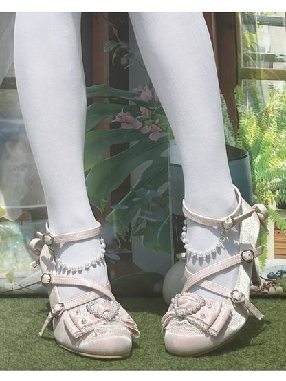 Pink at Top Beads Details Bow High-heel Shoes Sweet Heart Aceents