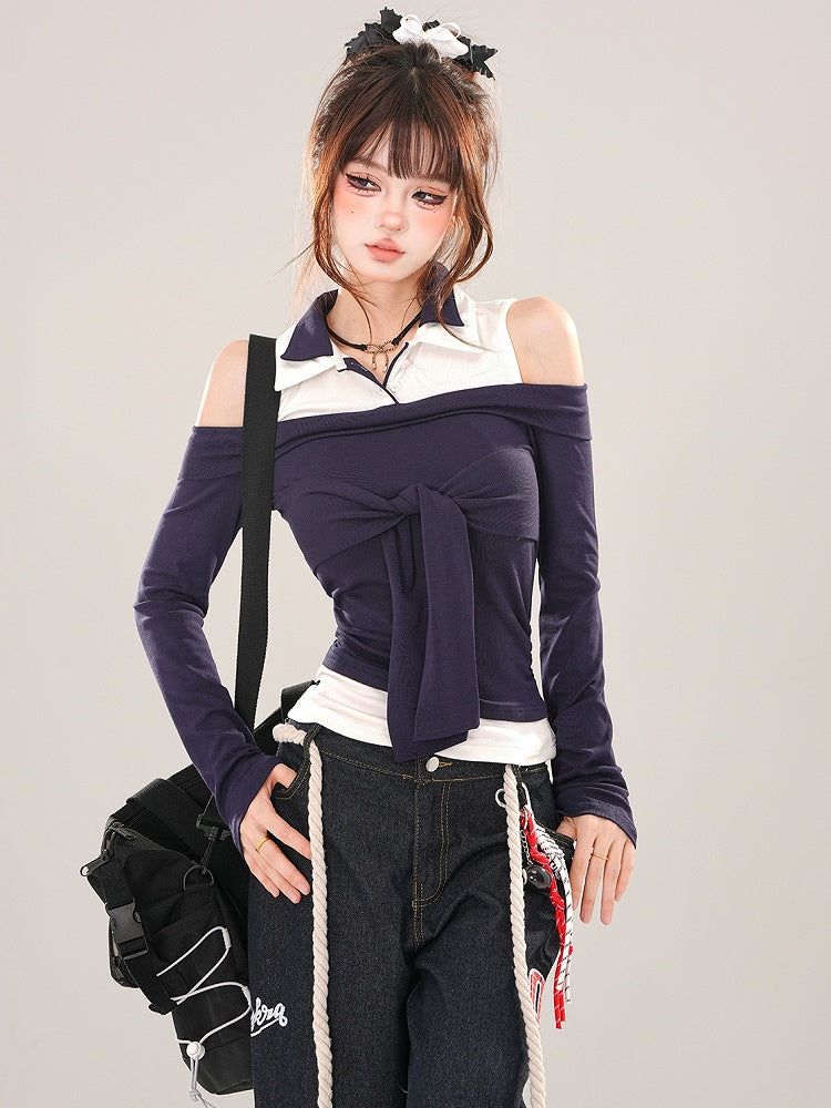 Marineblaues Patchwork-Top mit Krawattenakzent und Cut-Out-Schulter