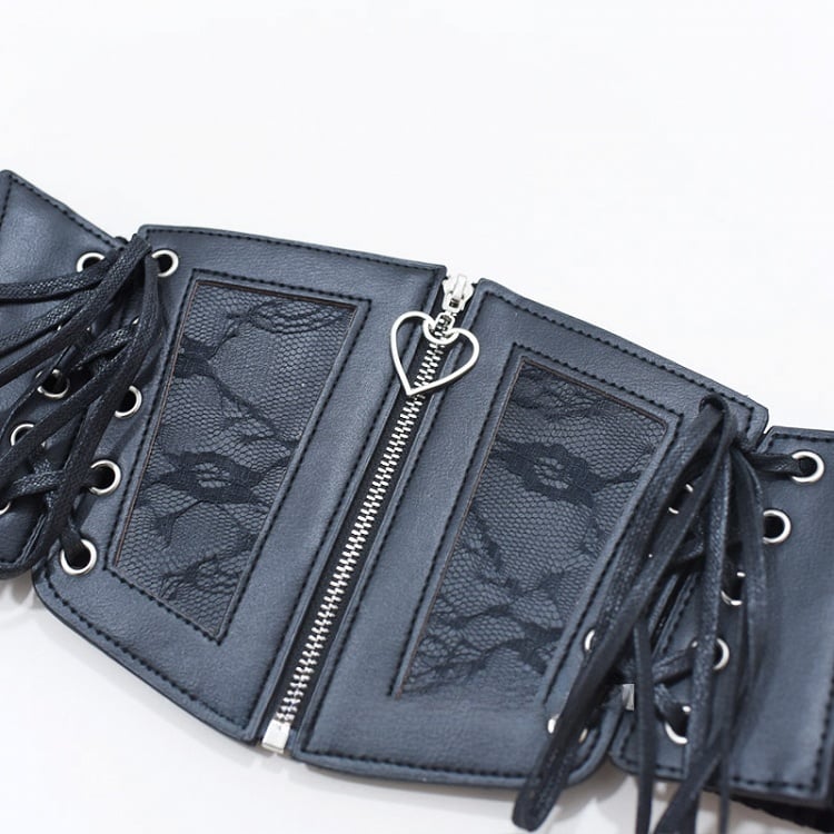 Gothic Schwarzer PU-Korsettgürtel mit Schnürung und Reißverschluss