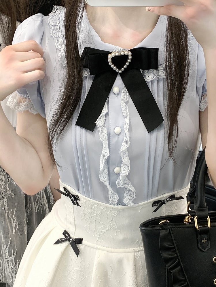 Kurzarmbluse Peter Pan Kragen Jirai Kei Schwarz/Pink/Blau/Weiß