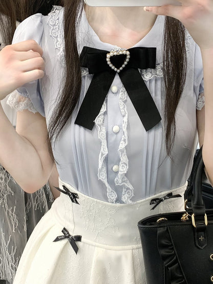 Kurzarmbluse Peter Pan Kragen Jirai Kei Schwarz/Pink/Blau/Weiß