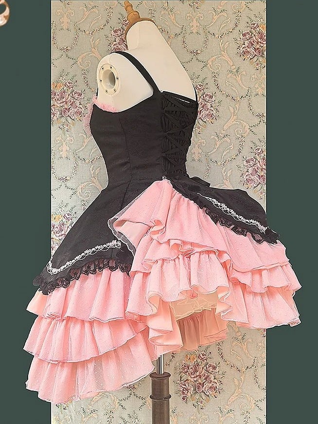 Pink Elegant Layered Black with and Dress Lolita Accents Classic Ruffle Bead Bow
