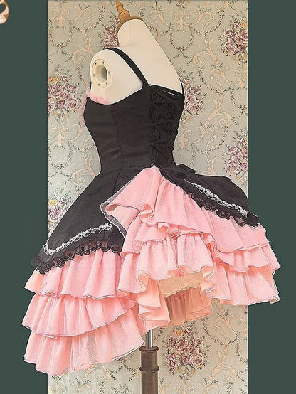 Pink Elegant Layered Black with and Dress Lolita Accents Classic Ruffle Bead Bow
