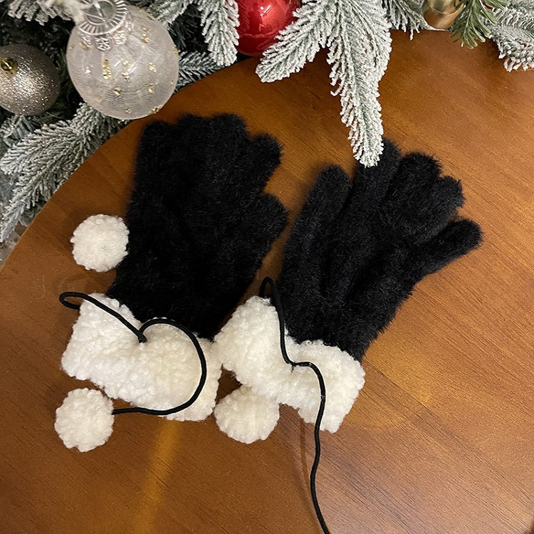 Schwarz/Weiße Plüschhandschuhe mit Pompons