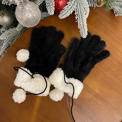 Schwarz/Weiße Plüschhandschuhe mit Pompons