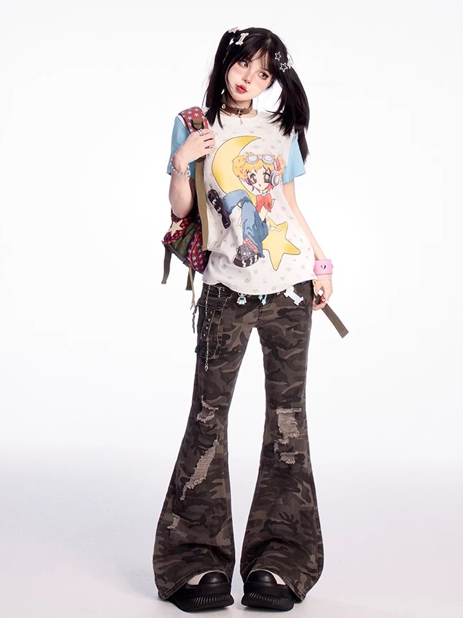 Cartoon Girl Y2K Blau Weiß Colorblock Design Print T-Shirt