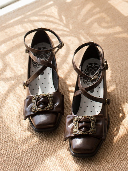 Zehenbild Heels Mitte Crisscross bei Square Frame - Riemen Design Schleife Schnalle Elegantes Top Braun Lolita