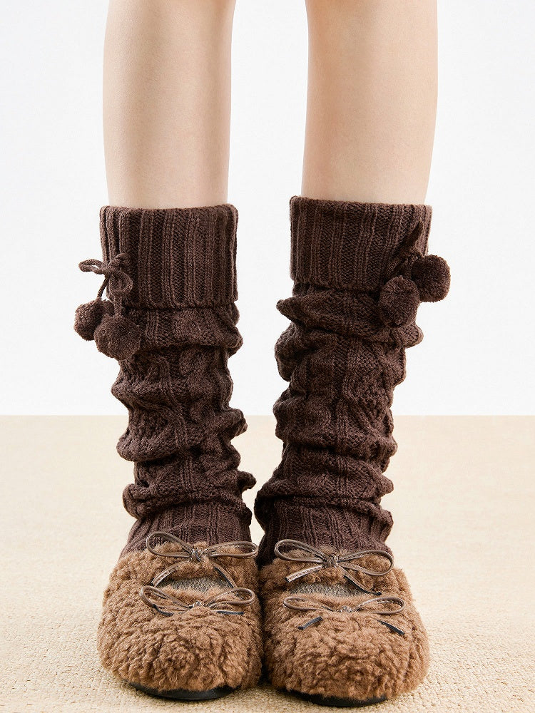 Knit with 5-Color Leg Warmers Detail Cable Bow Pom-Pom