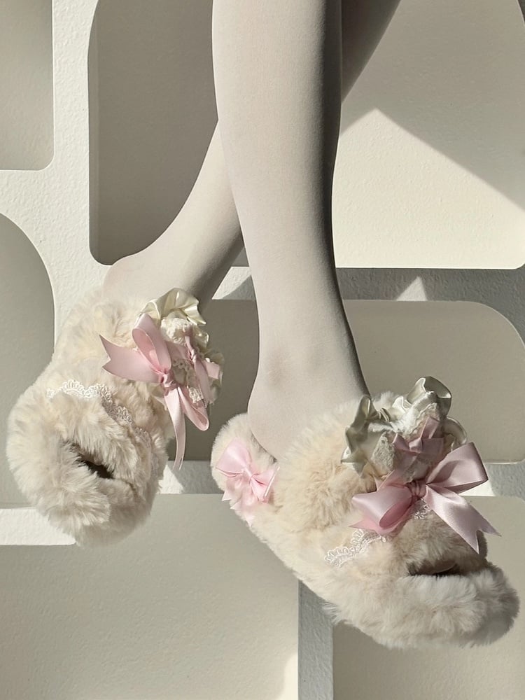 Ruffle - Lace Pink Slippers Bow with 2cm/4cm Platform Knotted Lolita Plush Heart Sweet Winter Trim