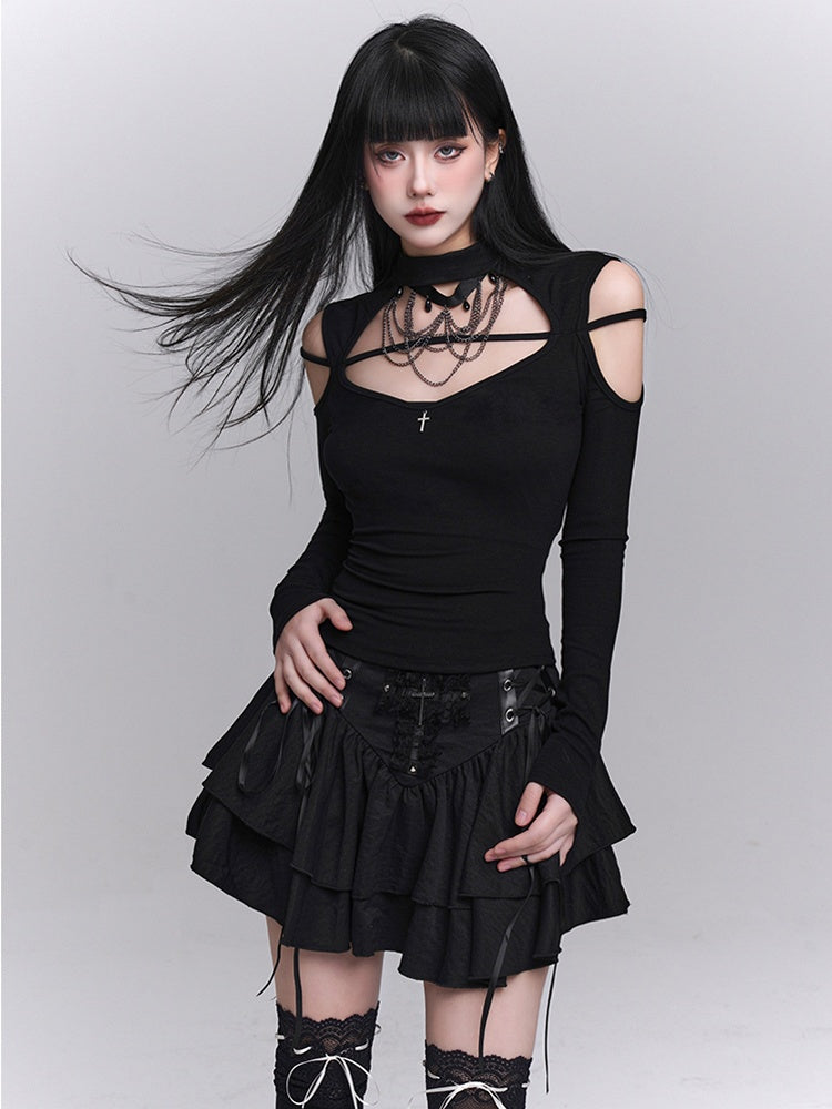 ブラック クルーネック カットアウト ショルダー クロス エンベリッシュド トップス