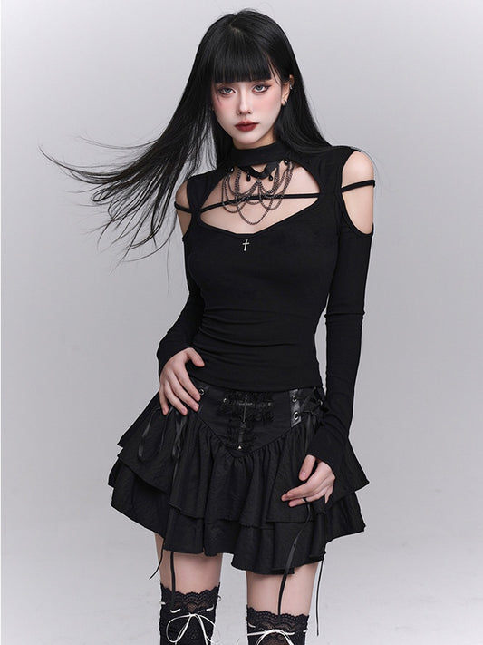 ブラック クルーネック カットアウト ショルダー クロス エンベリッシュド トップス