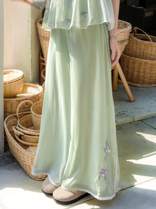 リボンサイドライトグリーンツバメ刺繍セルフタイ