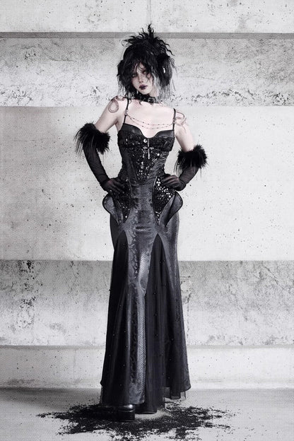 Black Sleeveless Print Stitching Slim Gothic Jsk Dress