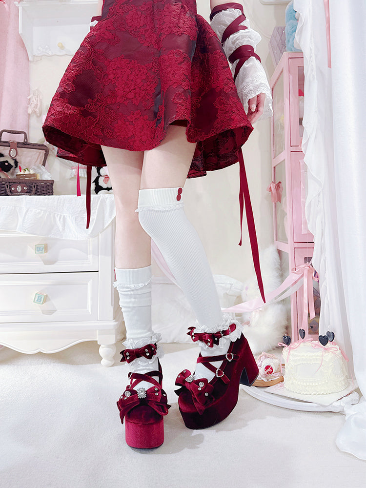 レッドジライジェーンズオールドメアリーワイン系ロリータボウベルベットハイヒールブロックアクセントスクール