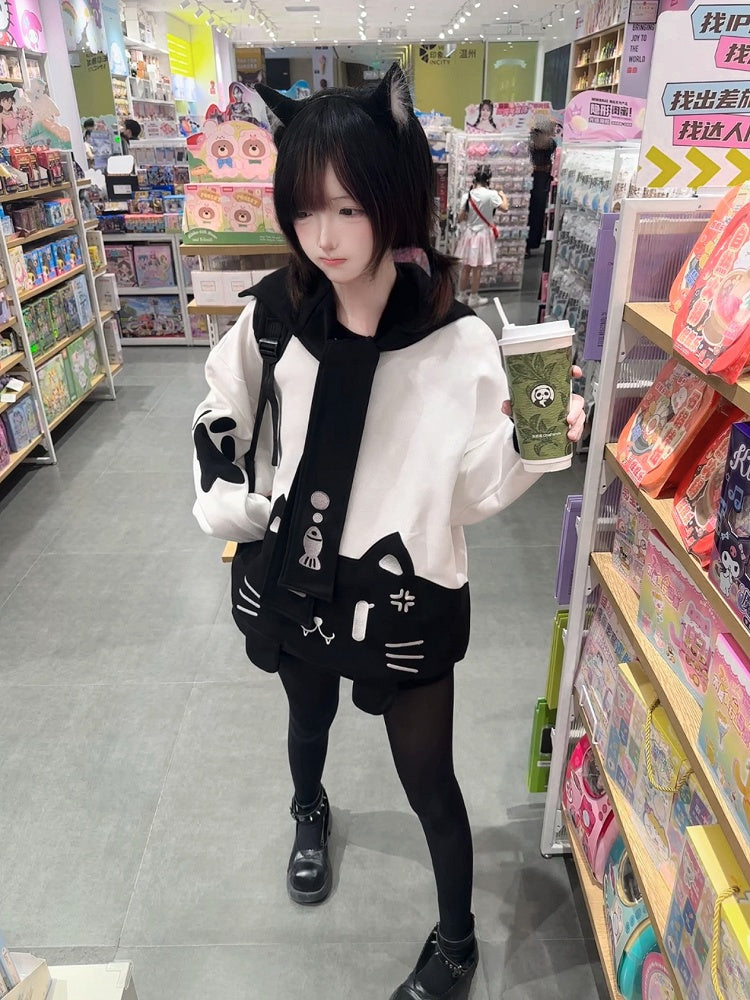 Sweatshirt with Detachable Sailor Collar Black Otaku-Kawaii Grumpy Cat Softgirl White Embroidery and