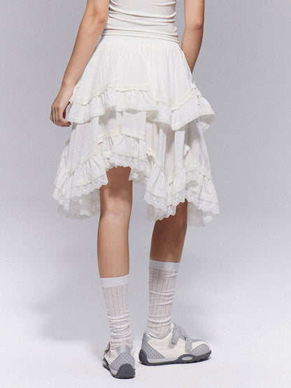 Waist Elastic  with Gothic Trim Lace Skirt Tiered White