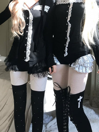 Layered Frill Shorts Pattern Spot Black with Trim Gothic